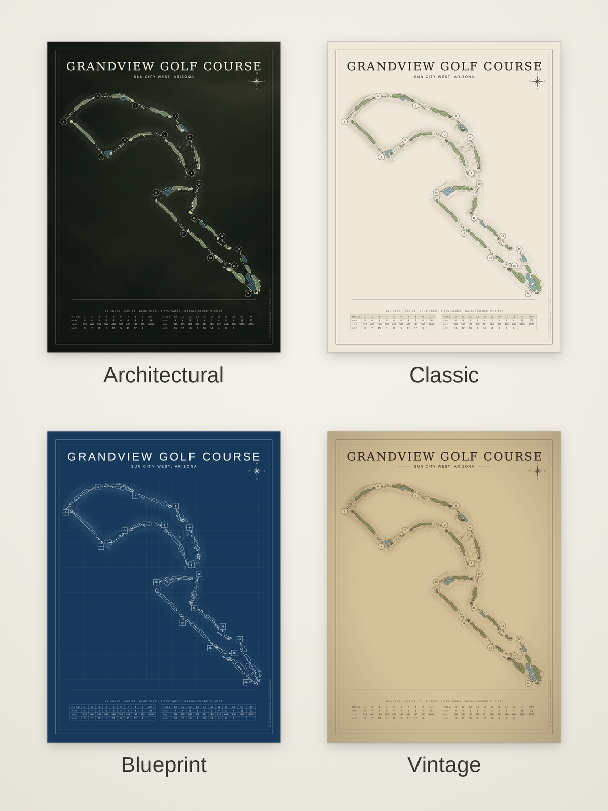 Grandview Golf Course map poster in four styles: Architectural, Classic, Blueprint and Vintage