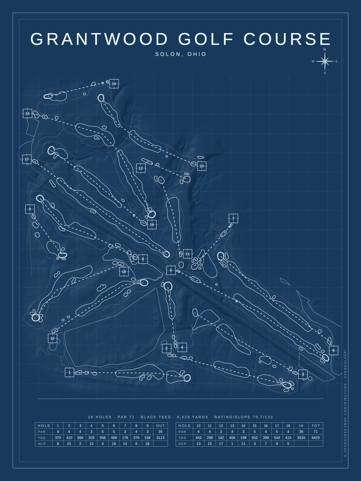 Grantwood Golf Course map poster, Blueprint style, 12×16 / 18×24