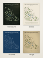 Grantwood Golf Course map poster in four styles: Architectural, Classic, Blueprint and Vintage