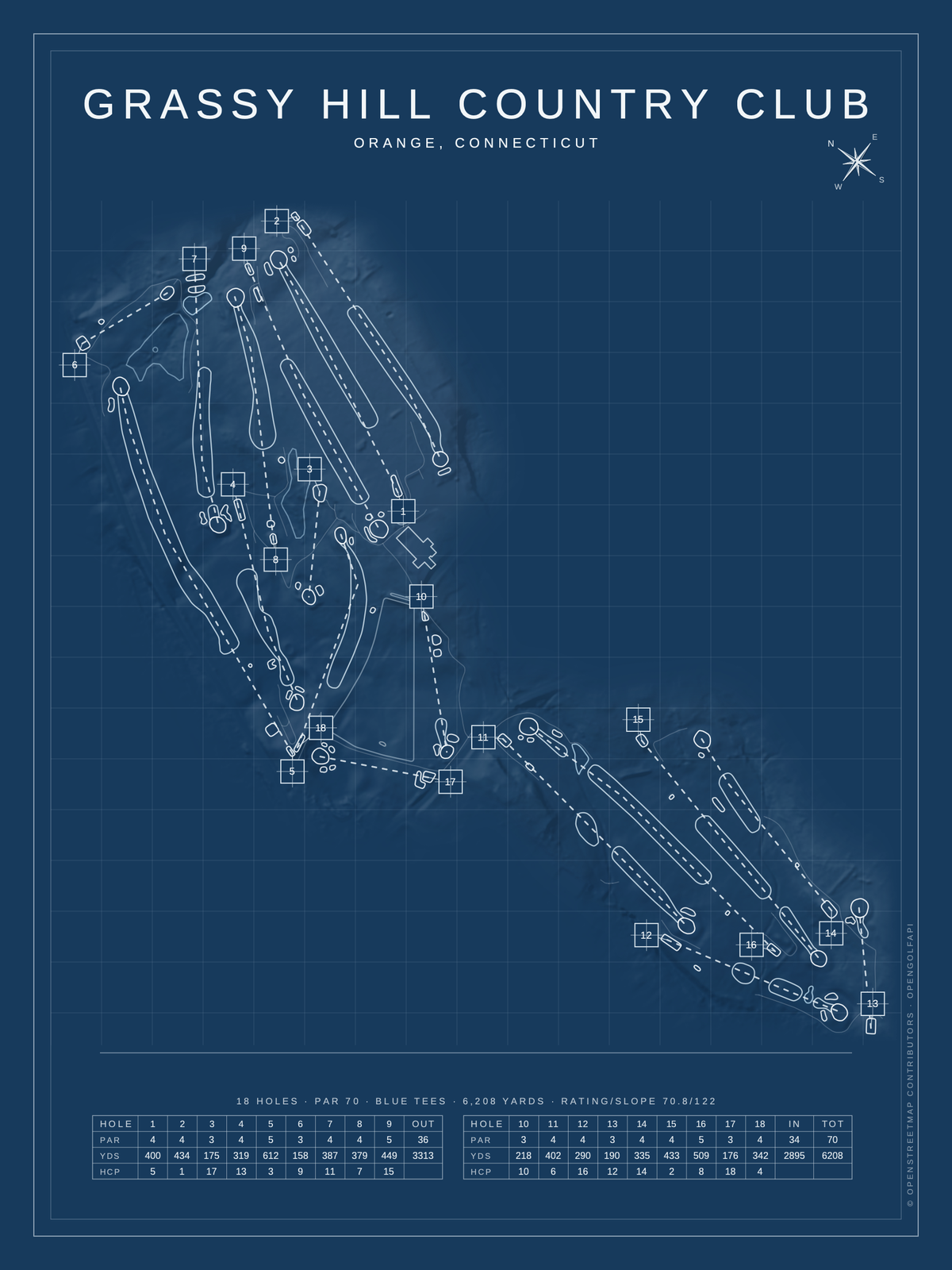 Grassy Hill Country Club course map poster, Blueprint style, 12×16 / 18×24