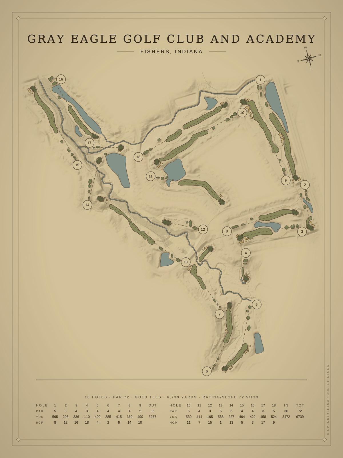 Gray Eagle Golf Club and Academy course map poster, Vintage style, 12×16 / 18×24