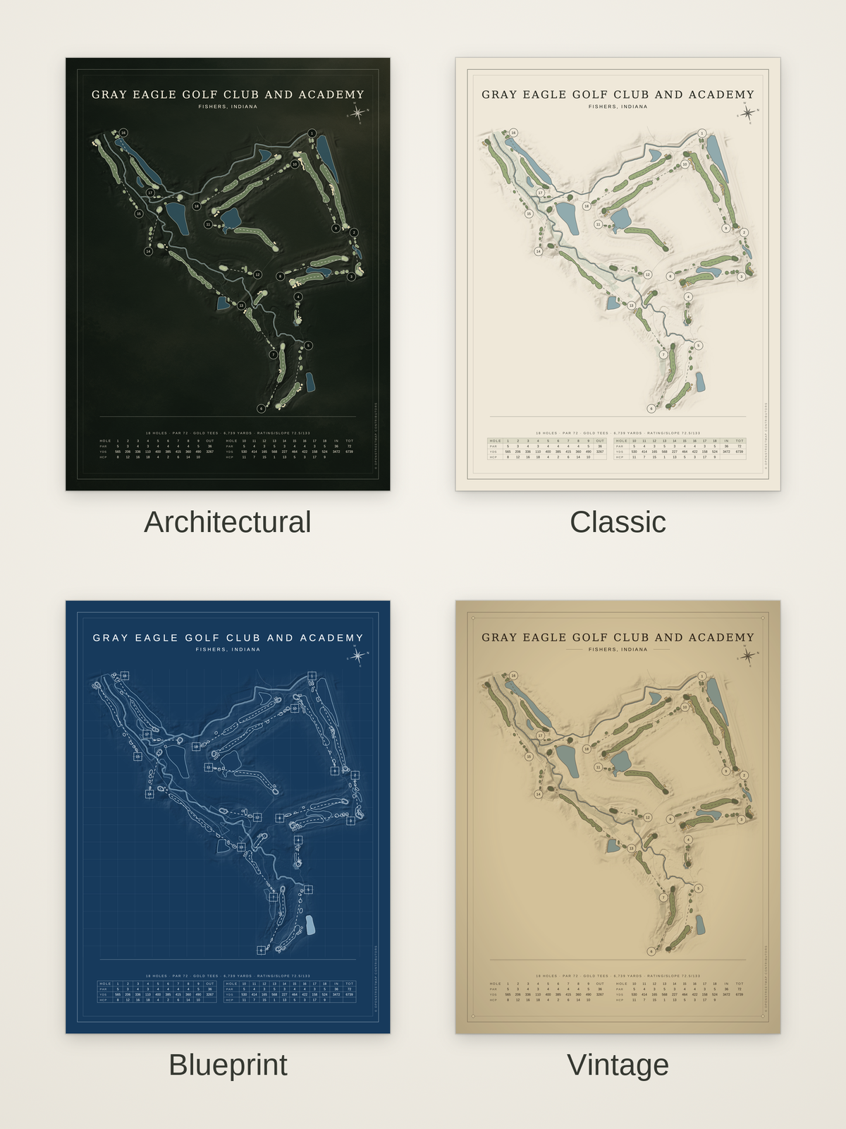 Gray Eagle Golf Club and Academy course map poster in four styles: Architectural, Classic, Blueprint and Vintage