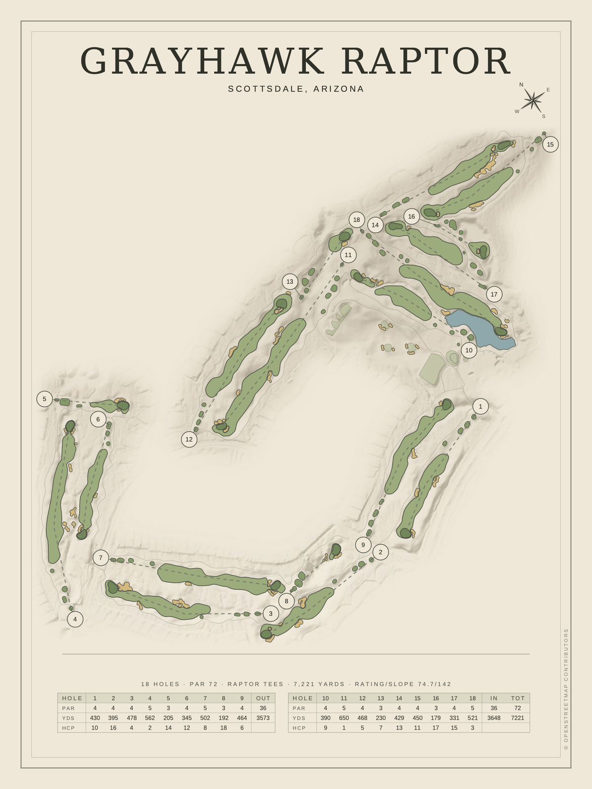 Grayhawk Raptor course map poster, Classic style, 12×16 / 18×24