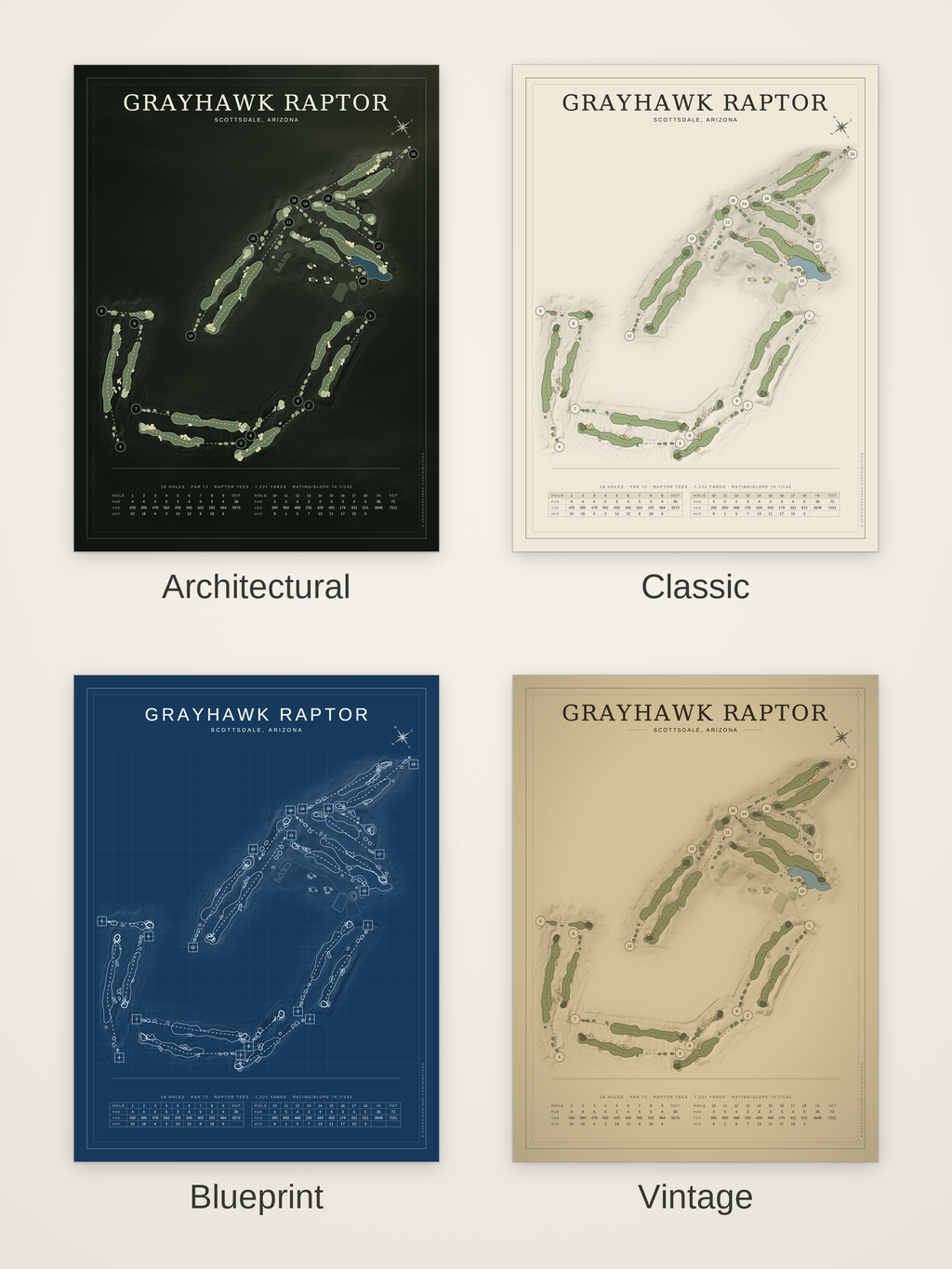 Grayhawk Raptor course map poster in four styles: Architectural, Classic, Blueprint and Vintage