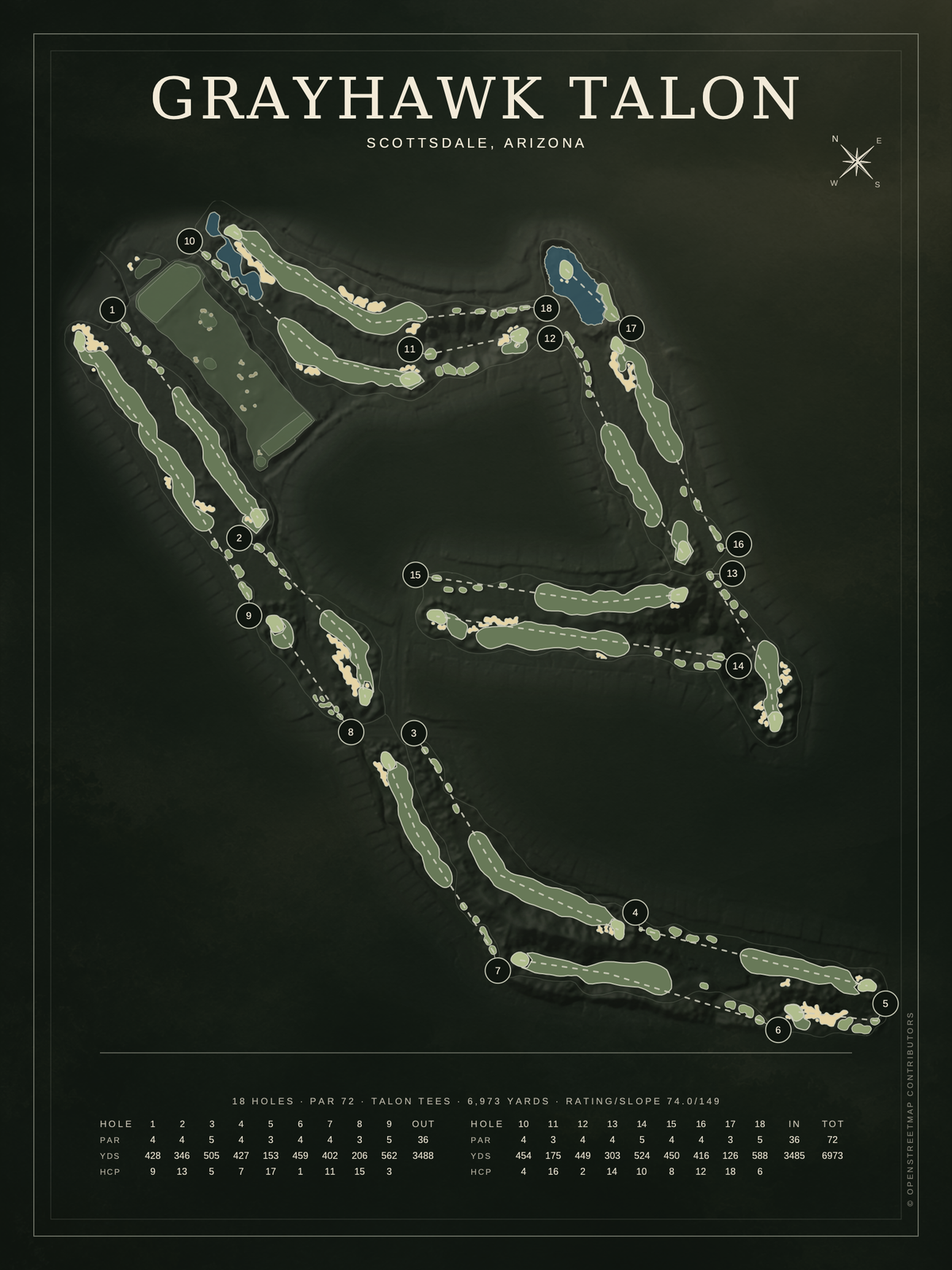 Grayhawk Talon course map poster, Architectural style, 12×16 / 18×24