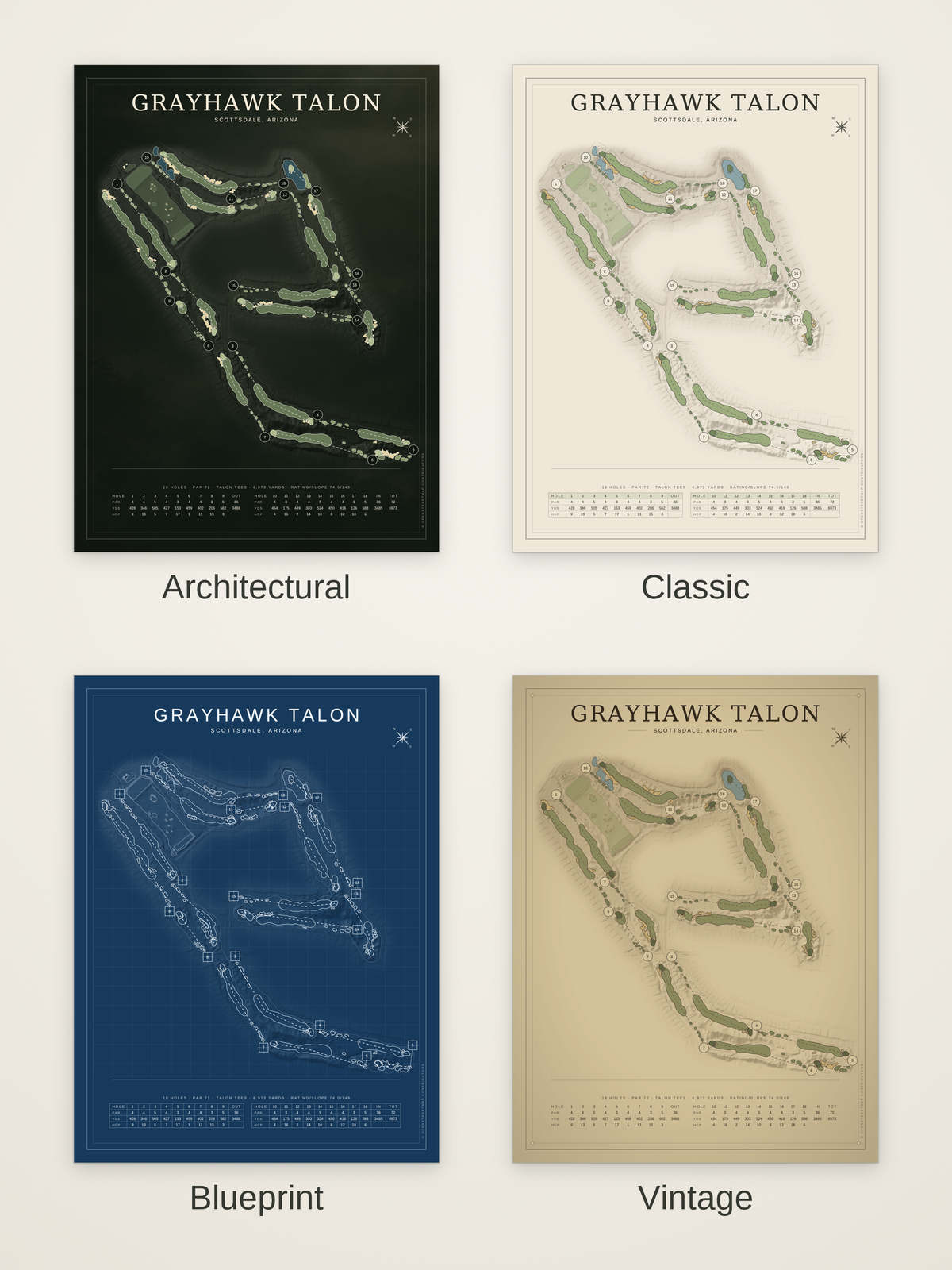 Grayhawk Talon course map poster in four styles: Architectural, Classic, Blueprint and Vintage