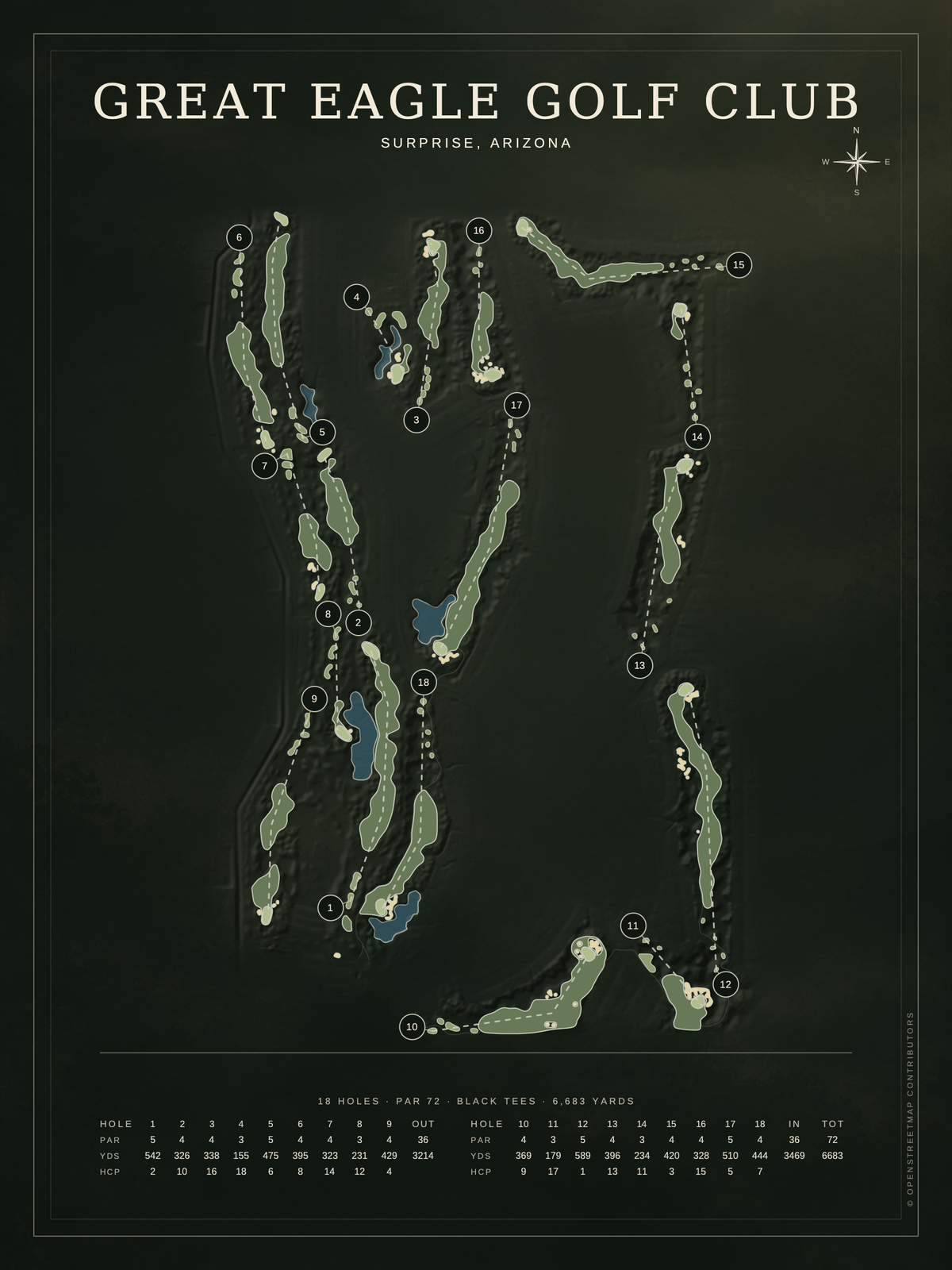 Great Eagle Golf Club course map poster, Architectural style, 12×16 / 18×24