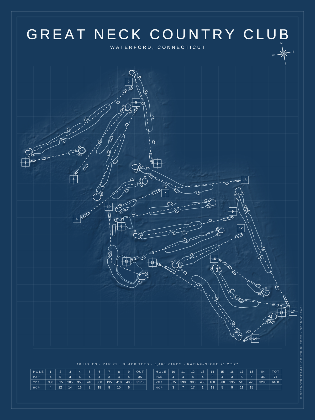 Great Neck Country Club course map poster, Blueprint style, 12×16 / 18×24