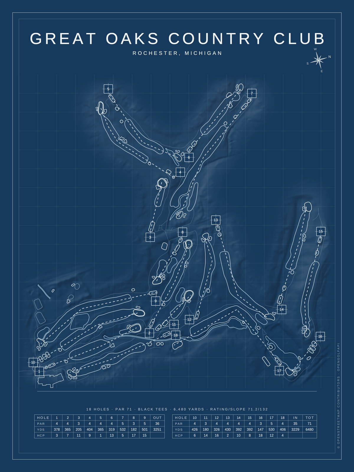 Great Oaks Country Club course map poster, Blueprint style, 12×16 / 18×24