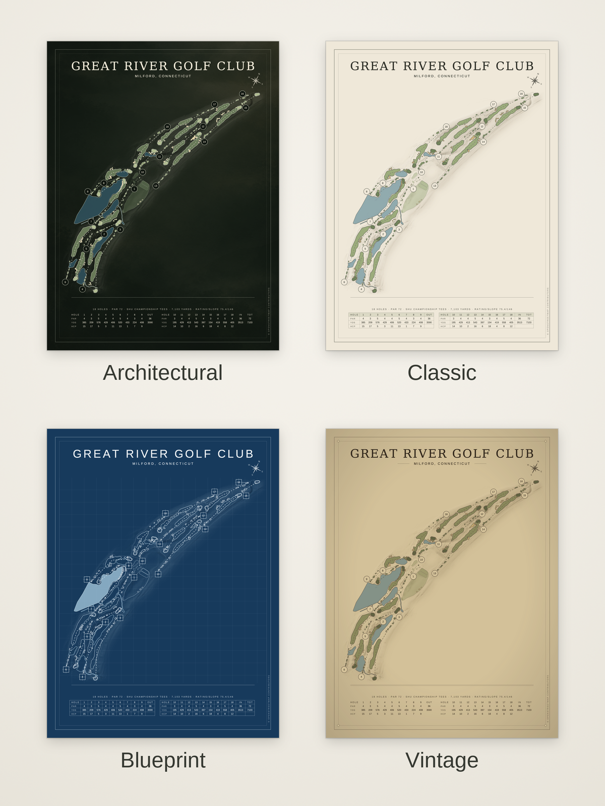 Great River Golf Club course map poster in four styles: Architectural, Classic, Blueprint and Vintage