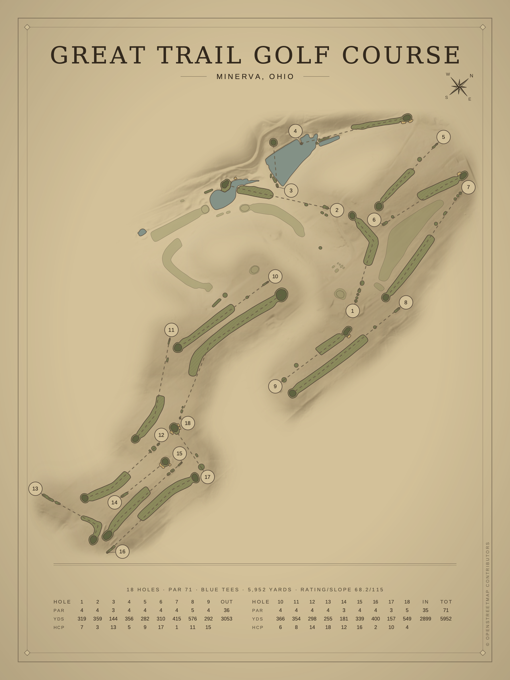 Great Trail Golf Course map poster, Vintage style, 12×16 / 18×24