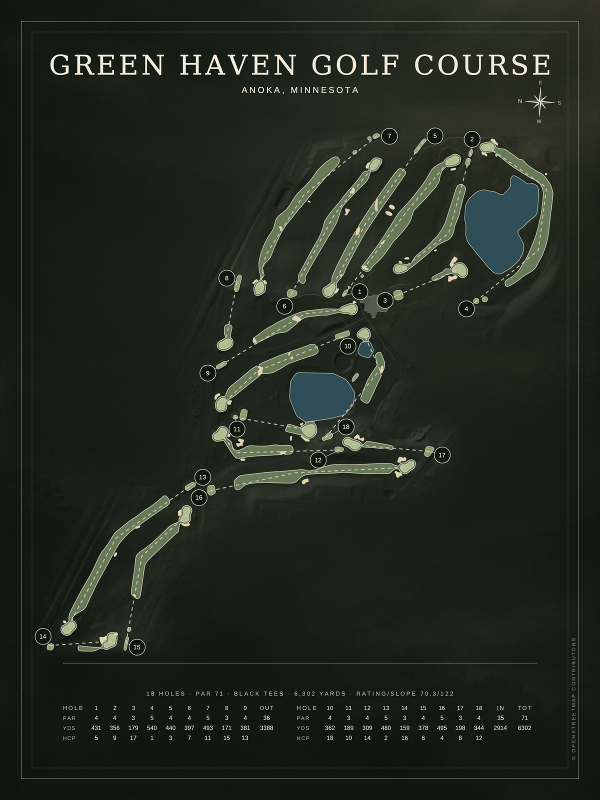 Green Haven Golf Course map poster, Architectural style, 12×16 / 18×24