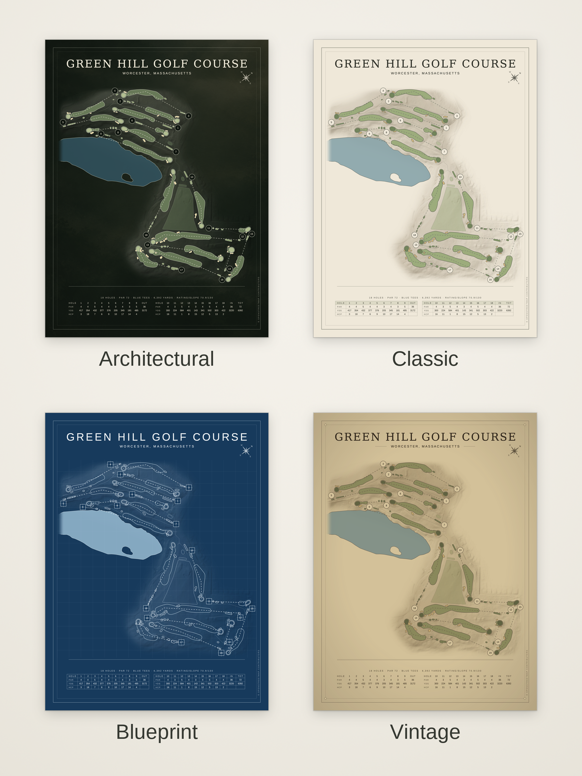 Green Hill Golf Course map poster in four styles: Architectural, Classic, Blueprint and Vintage