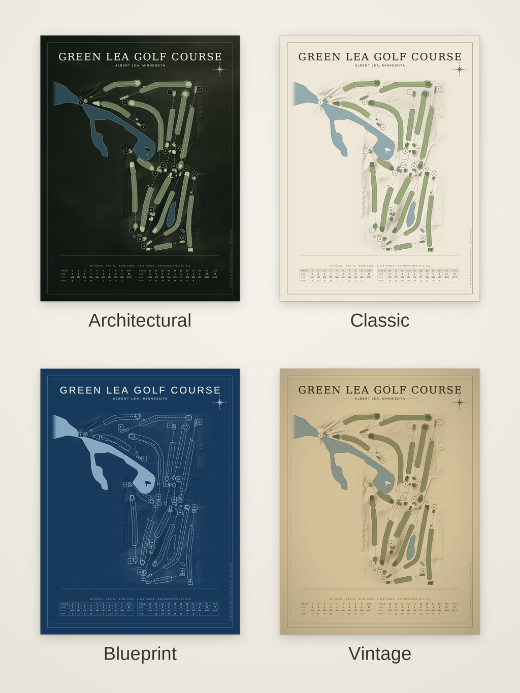 Green Lea Golf Course map poster in four styles: Architectural, Classic, Blueprint and Vintage