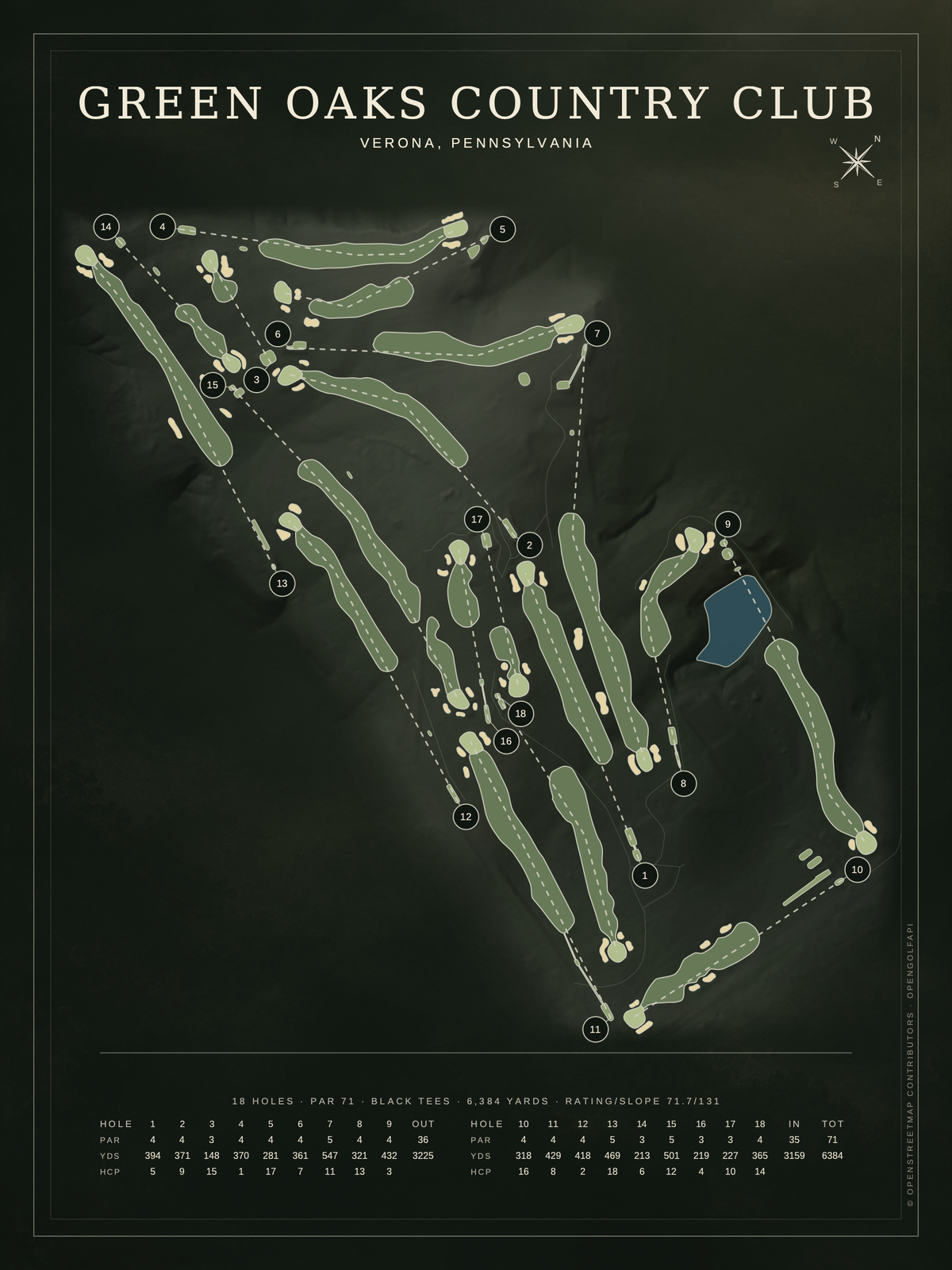 Green Oaks Country Club course map poster, Architectural style, 12×16 / 18×24