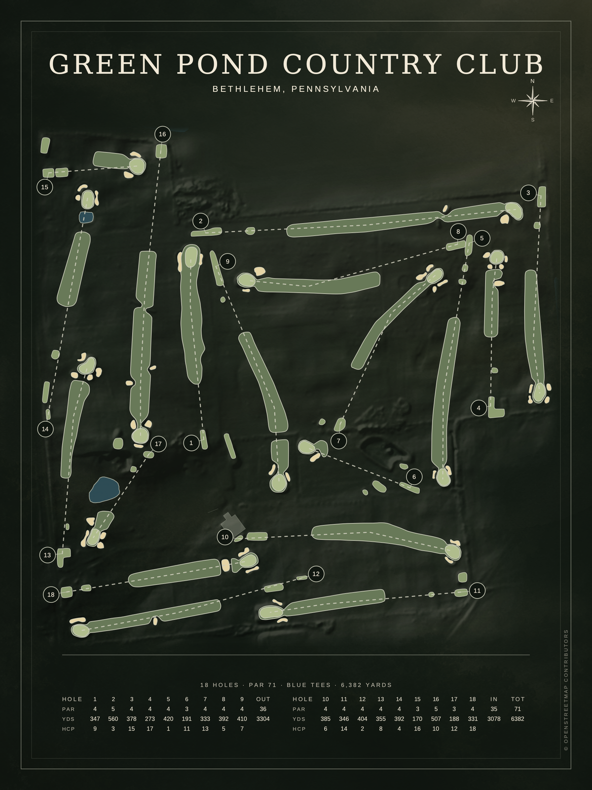Green Pond Country Club course map poster, Architectural style, 12×16 / 18×24