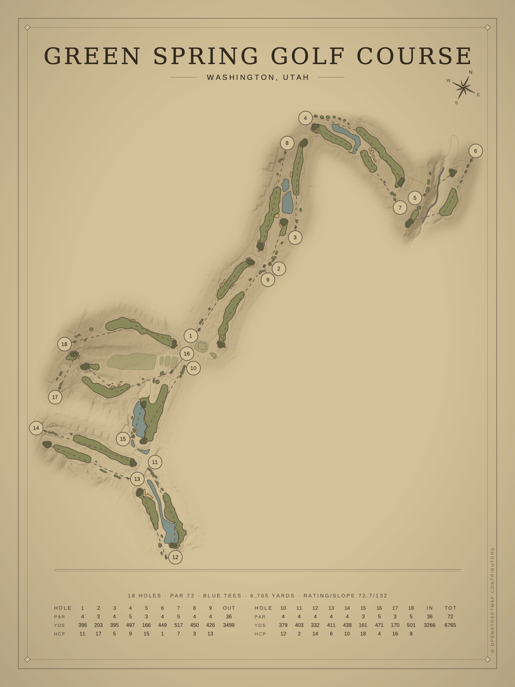 Green Spring Golf Course map poster, Vintage style, 12×16 / 18×24