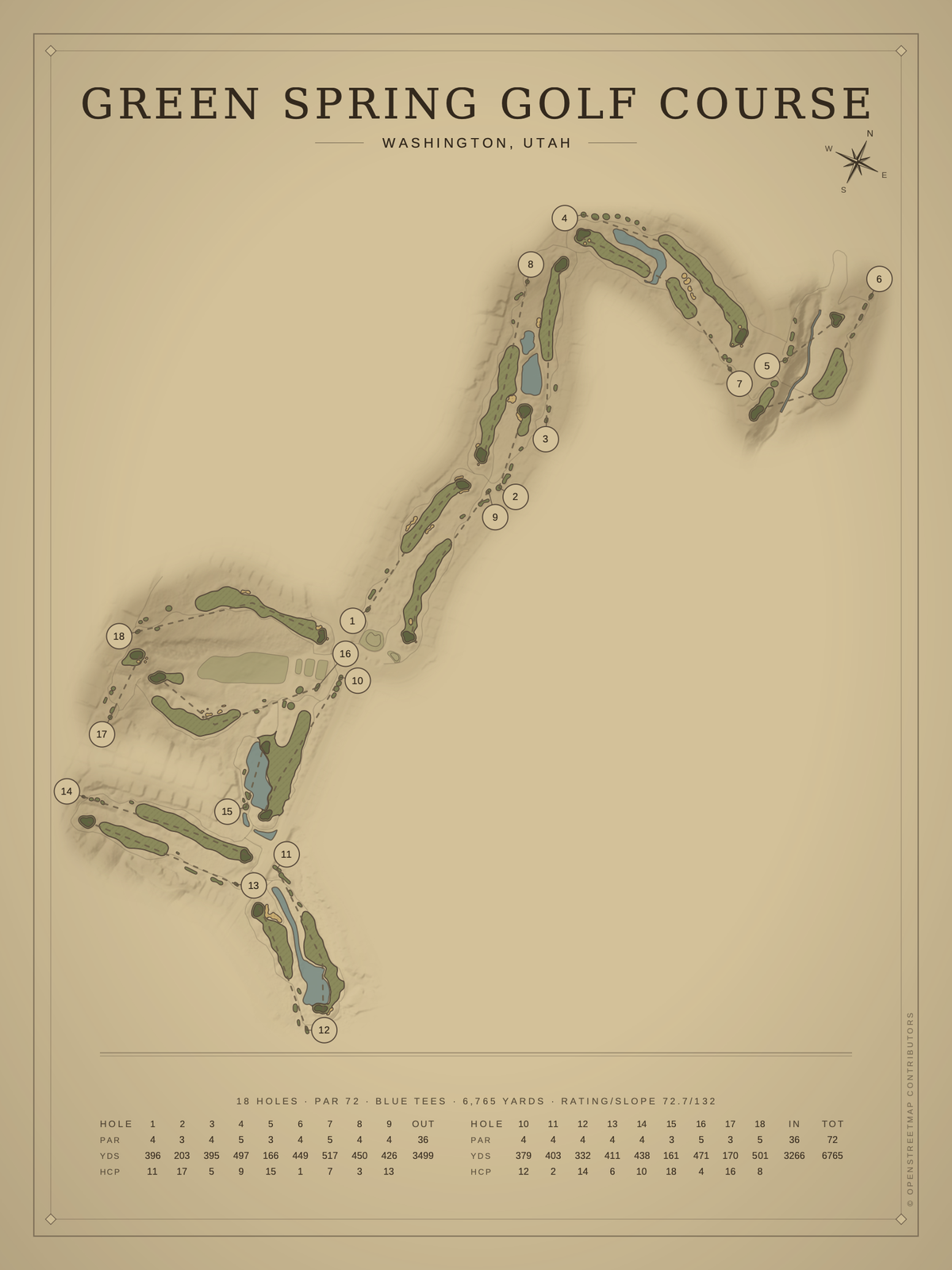Green Spring Golf Course map poster, Vintage style, 12×16 / 18×24