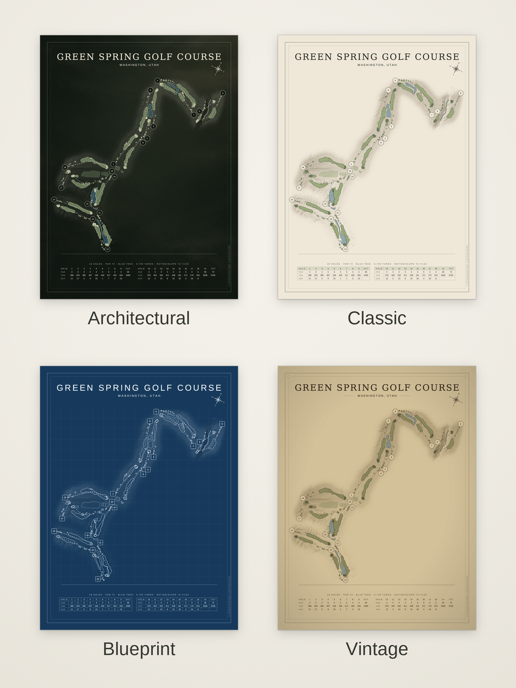 Green Spring Golf Course map poster in four styles: Architectural, Classic, Blueprint and Vintage