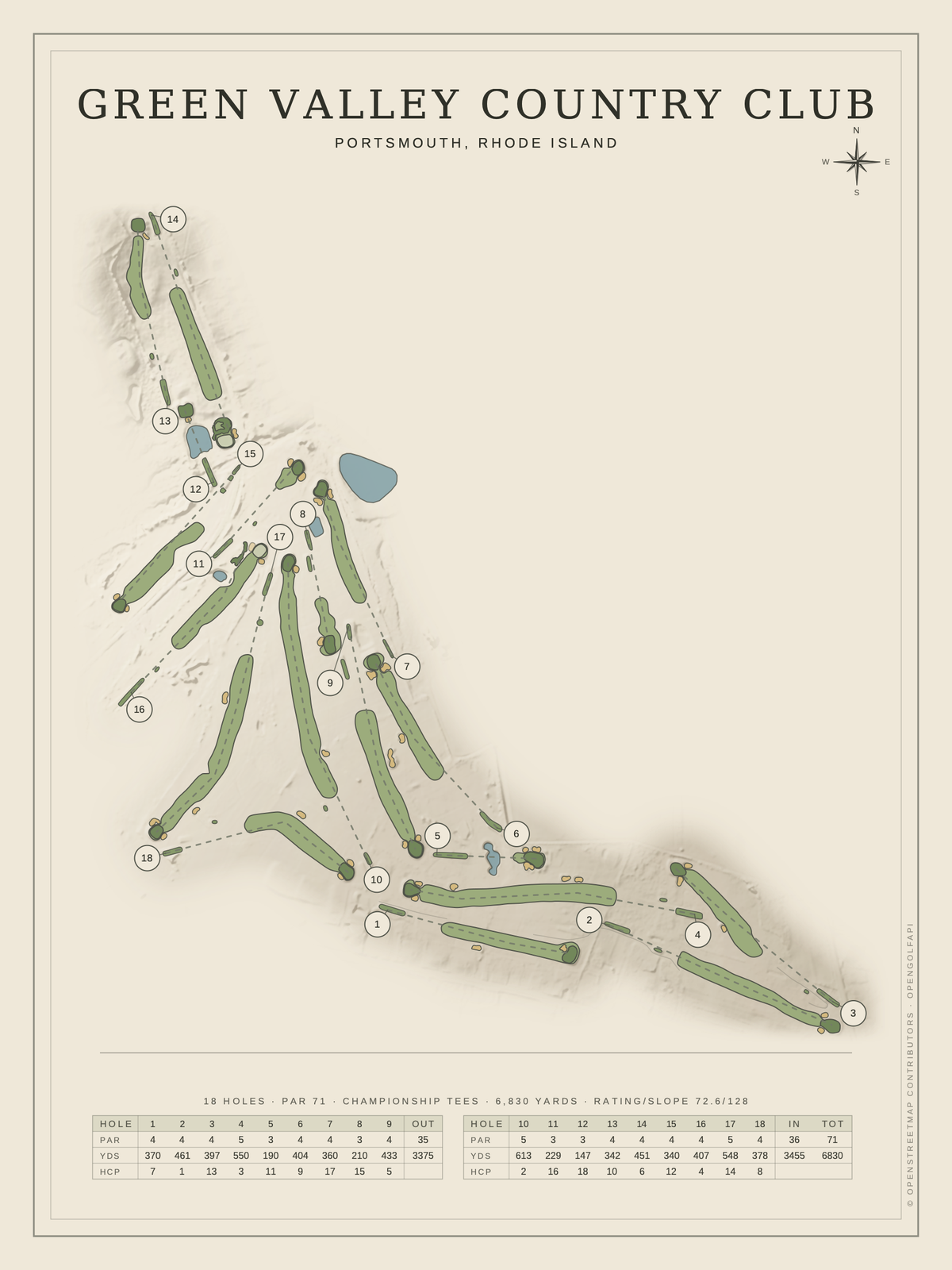 Green Valley Country Club course map poster, Classic style, 12×16 / 18×24