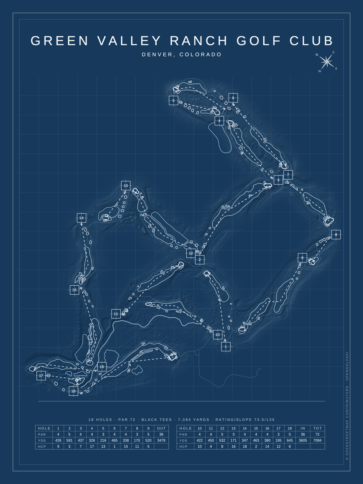 Green Valley Ranch Golf Club course map poster, Blueprint style, 12×16 / 18×24