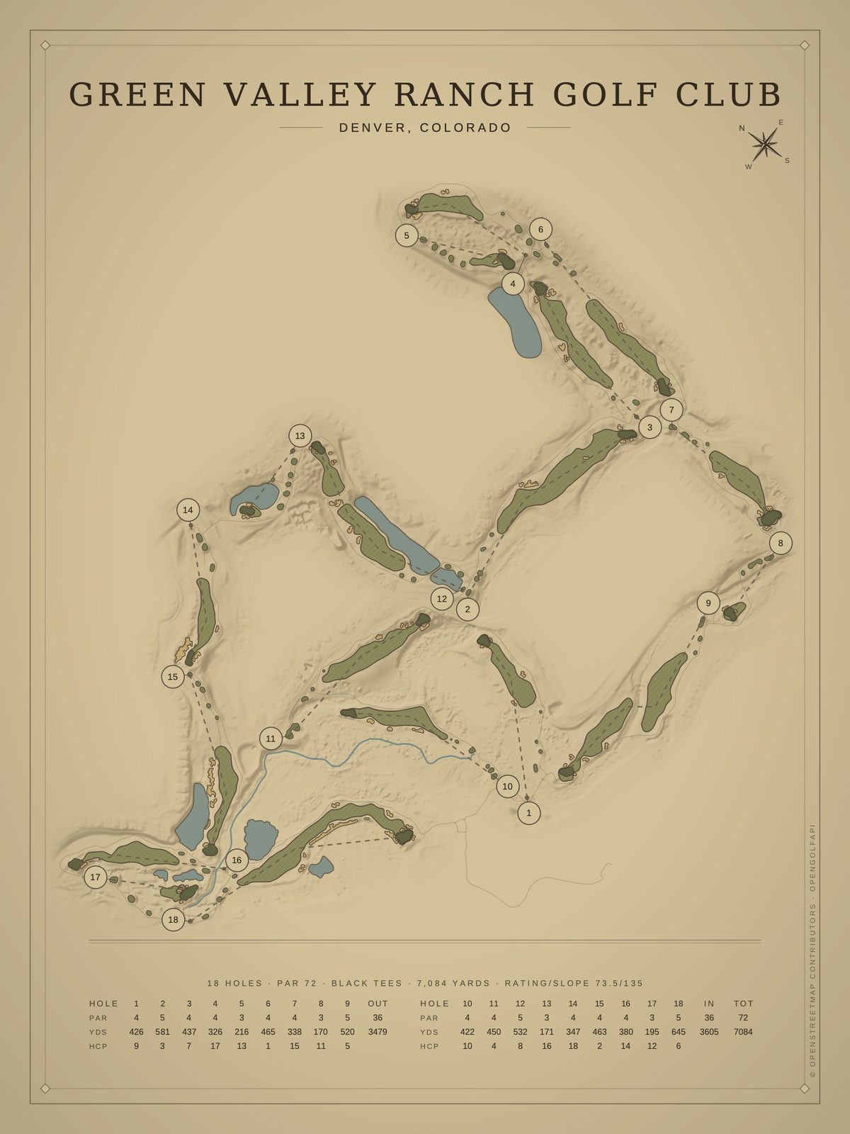 Green Valley Ranch Golf Club course map poster, Vintage style, 12×16 / 18×24
