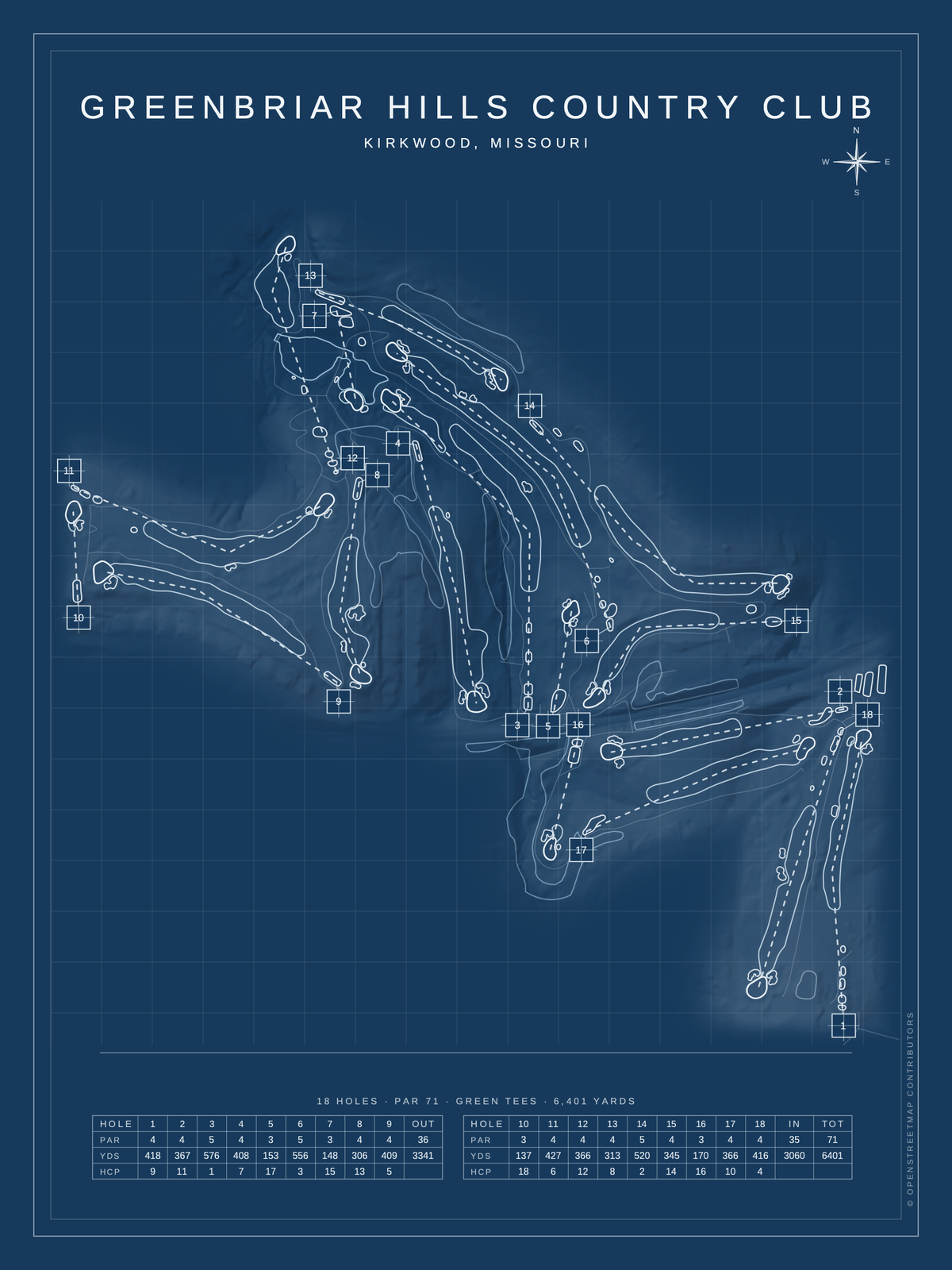 Greenbriar Hills Country Club course map poster, Blueprint style, 12×16 / 18×24