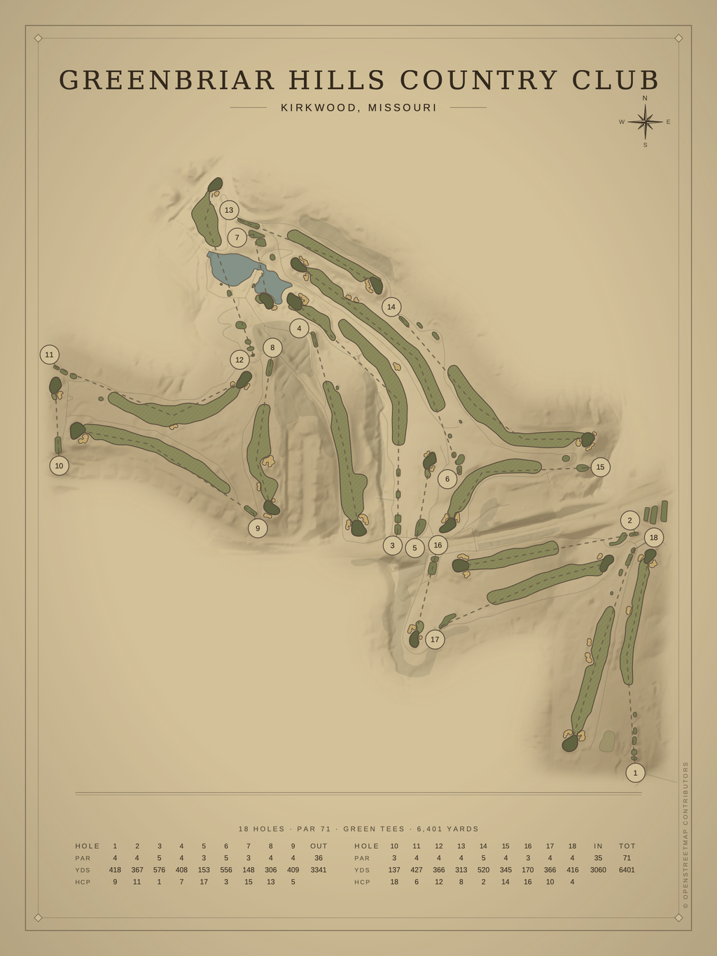 Greenbriar Hills Country Club course map poster, Vintage style, 12×16 / 18×24