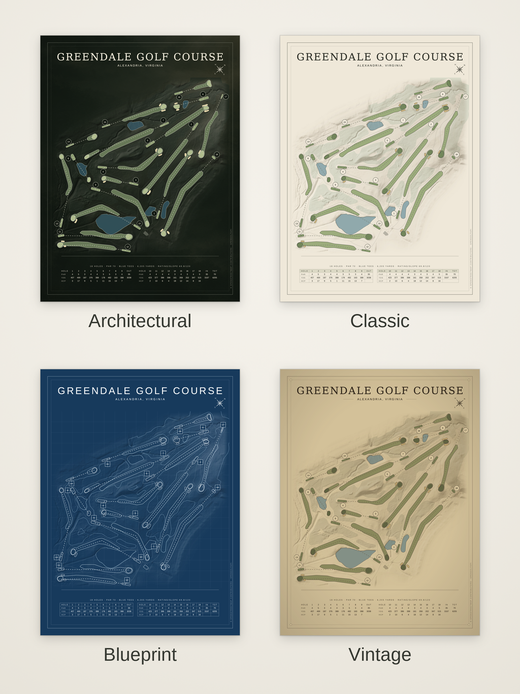 Greendale Golf Course map poster in four styles: Architectural, Classic, Blueprint and Vintage