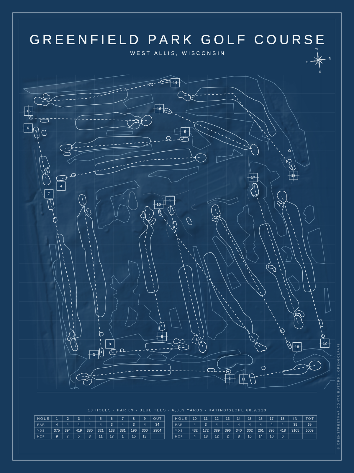 Greenfield Park Golf Course map poster, Blueprint style, 12×16 / 18×24