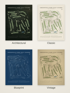 Greenfield Park Golf Course map poster in four styles: Architectural, Classic, Blueprint and Vintage
