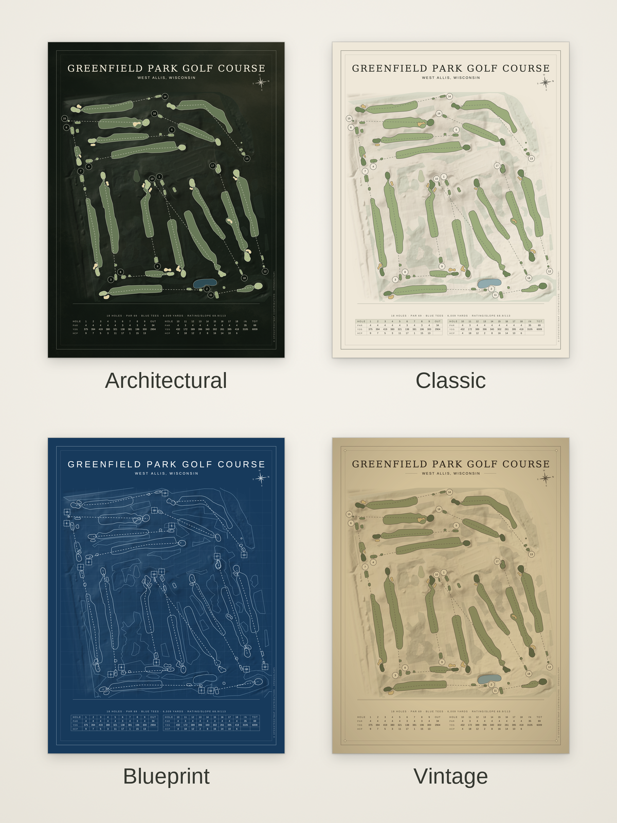 Greenfield Park Golf Course map poster in four styles: Architectural, Classic, Blueprint and Vintage