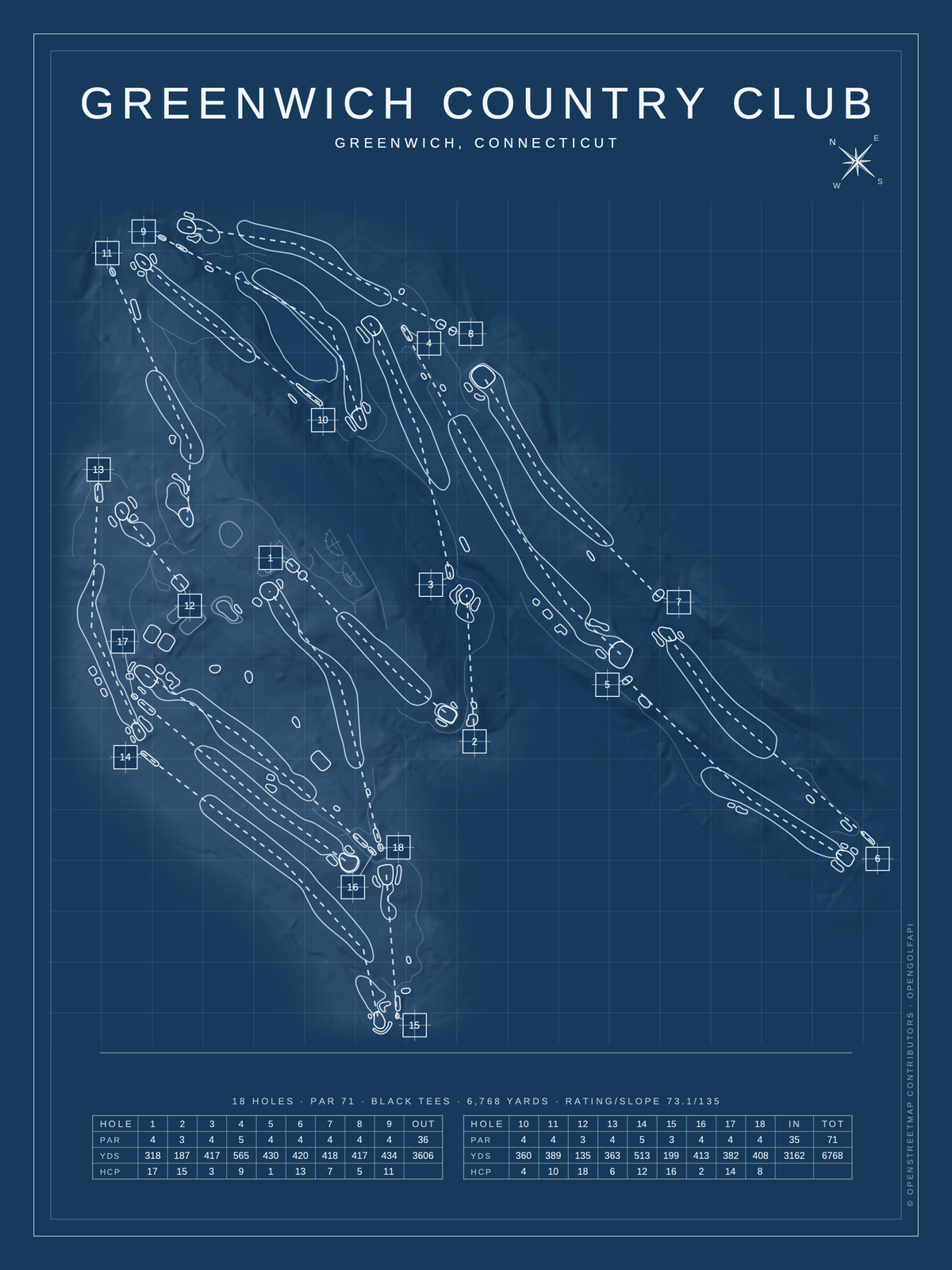 Greenwich Country Club course map poster, Blueprint style, 12×16 / 18×24