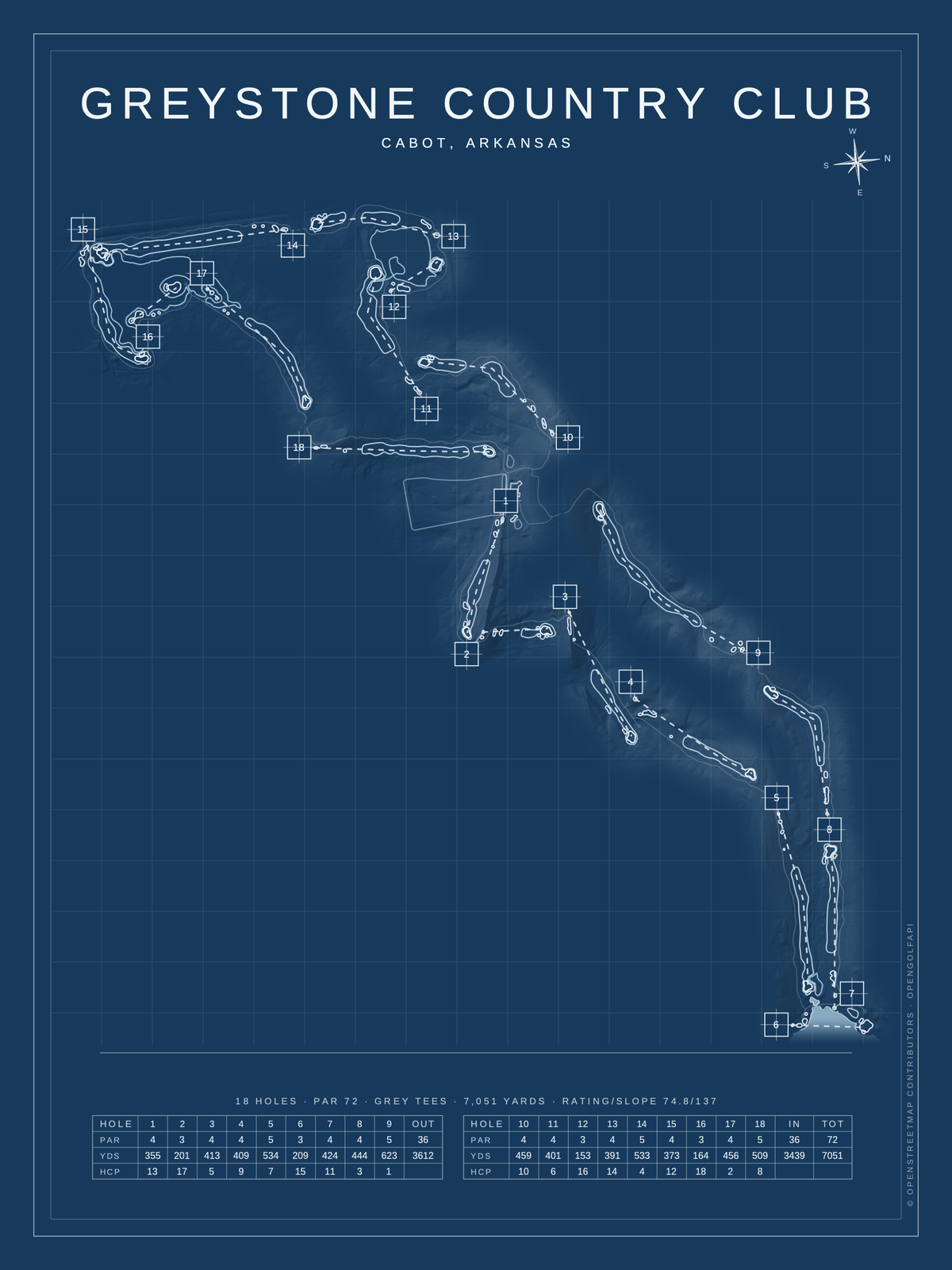 Greystone Country Club course map poster, Blueprint style, 12×16 / 18×24
