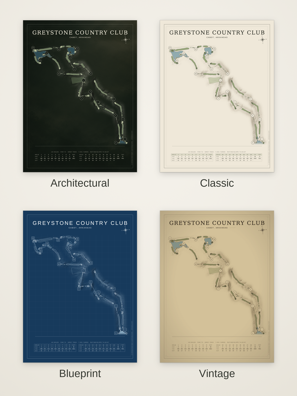 Greystone Country Club course map poster in four styles: Architectural, Classic, Blueprint and Vintage