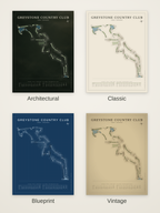 Greystone Country Club course map poster in four styles: Architectural, Classic, Blueprint and Vintage