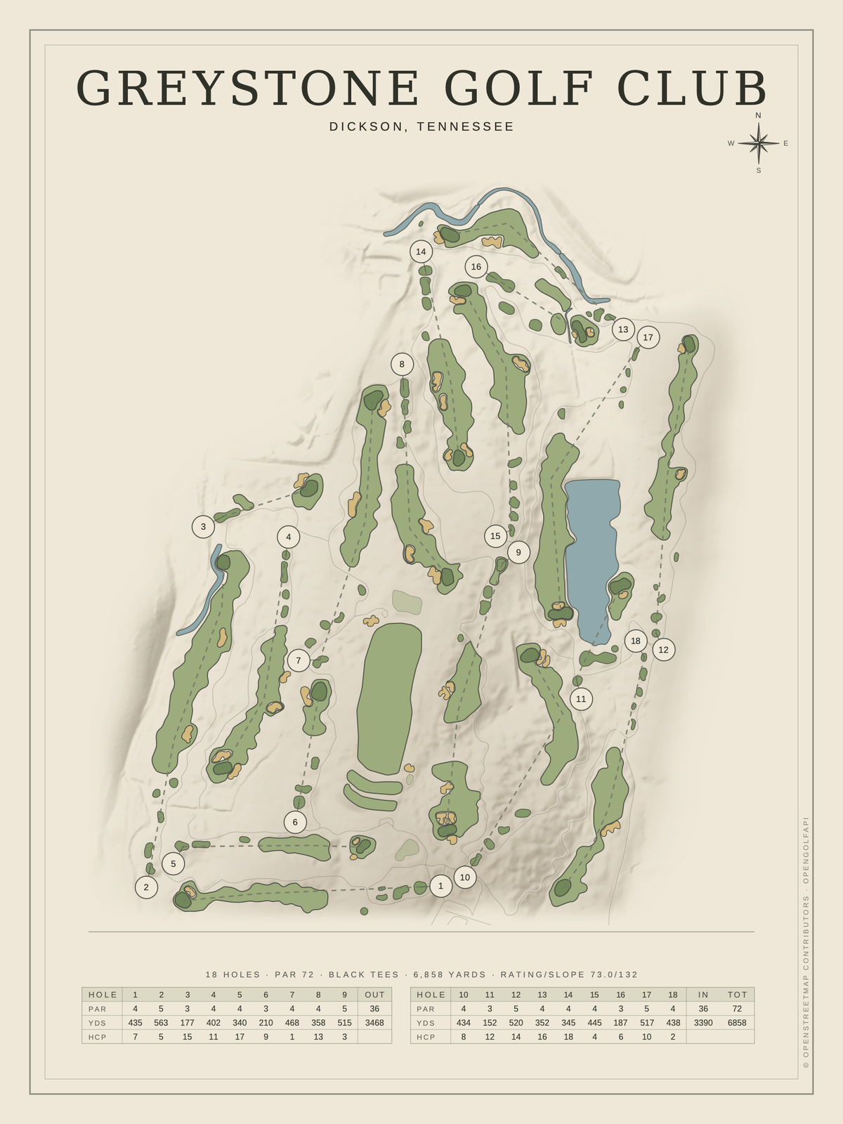 Greystone Golf Club course map poster, Classic style, 12×16 / 18×24