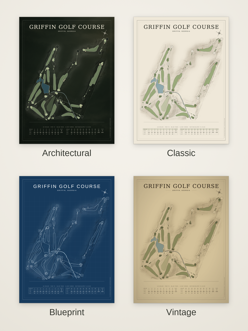 Griffin Golf Course map poster in four styles: Architectural, Classic, Blueprint and Vintage