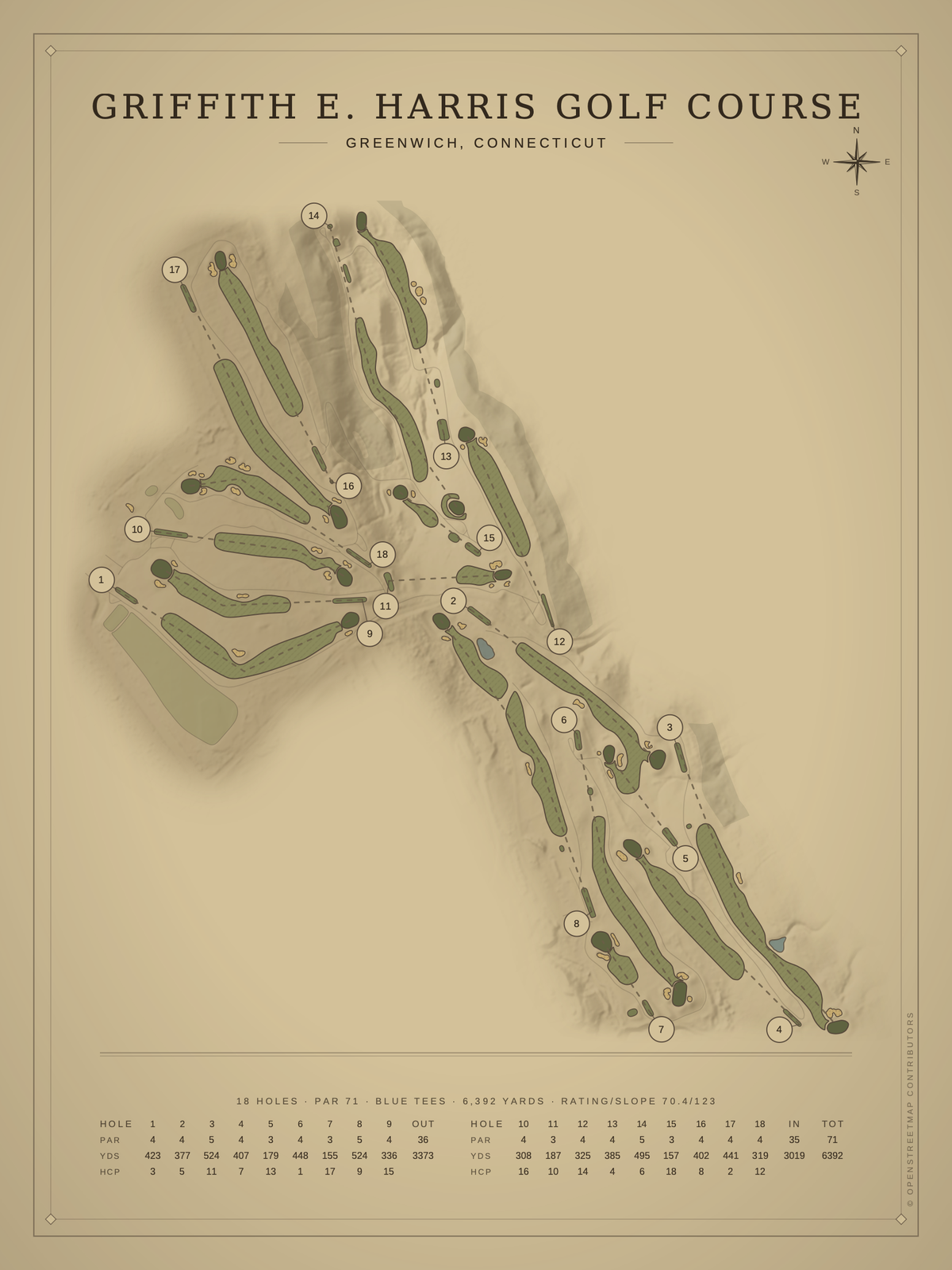 Griffith E. Harris Golf Course map poster, Vintage style, 12×16 / 18×24