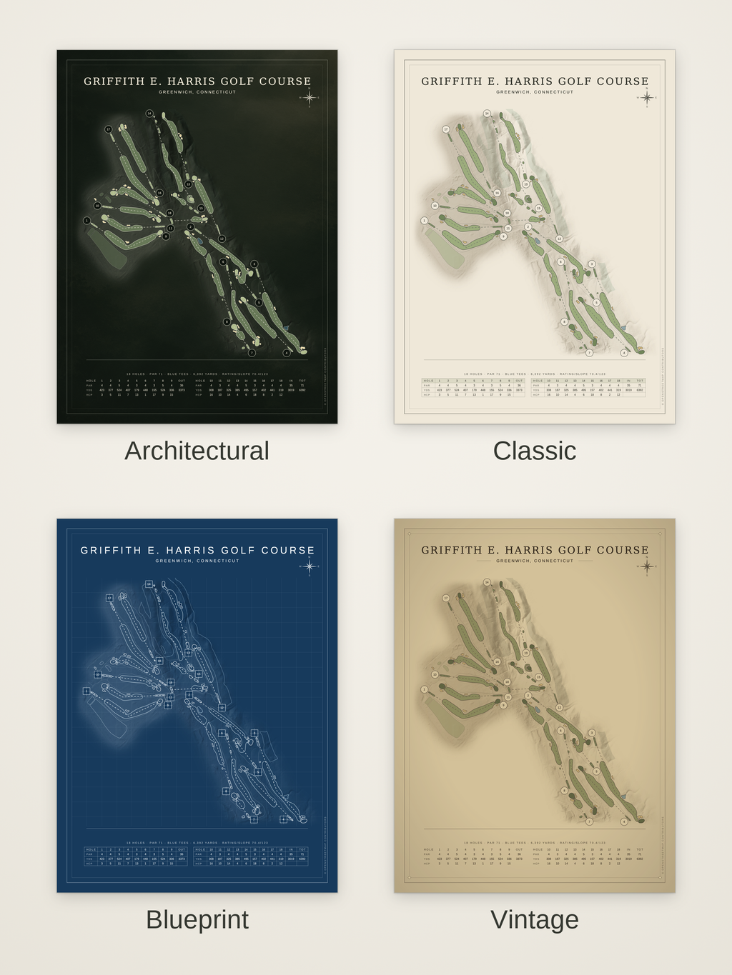 Griffith E. Harris Golf Course map poster in four styles: Architectural, Classic, Blueprint and Vintage