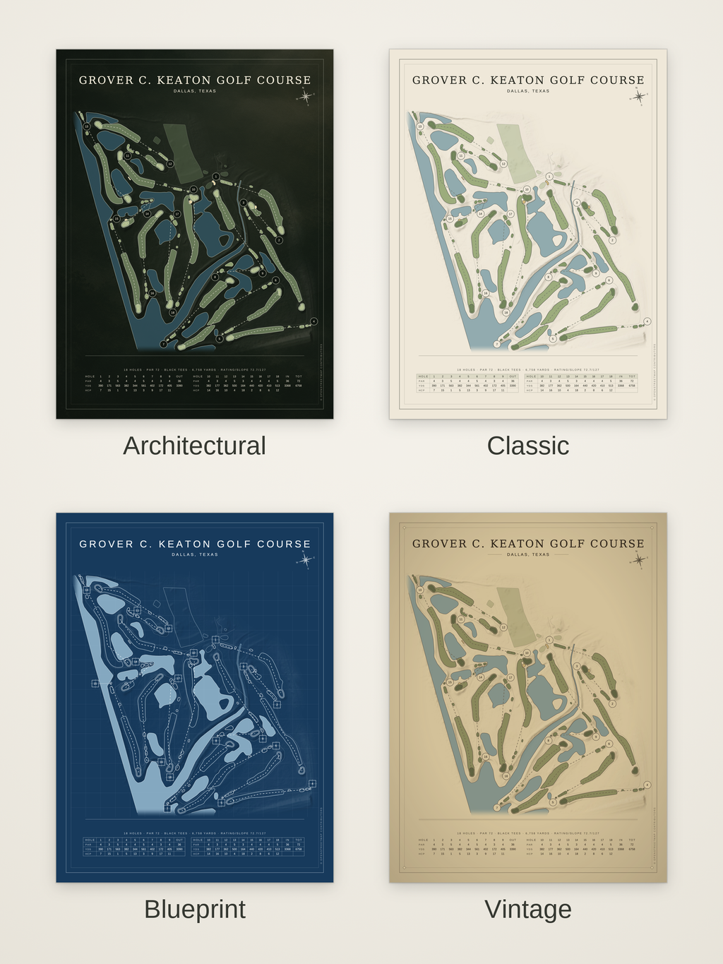 Grover C. Keaton Golf Course map poster in four styles: Architectural, Classic, Blueprint and Vintage
