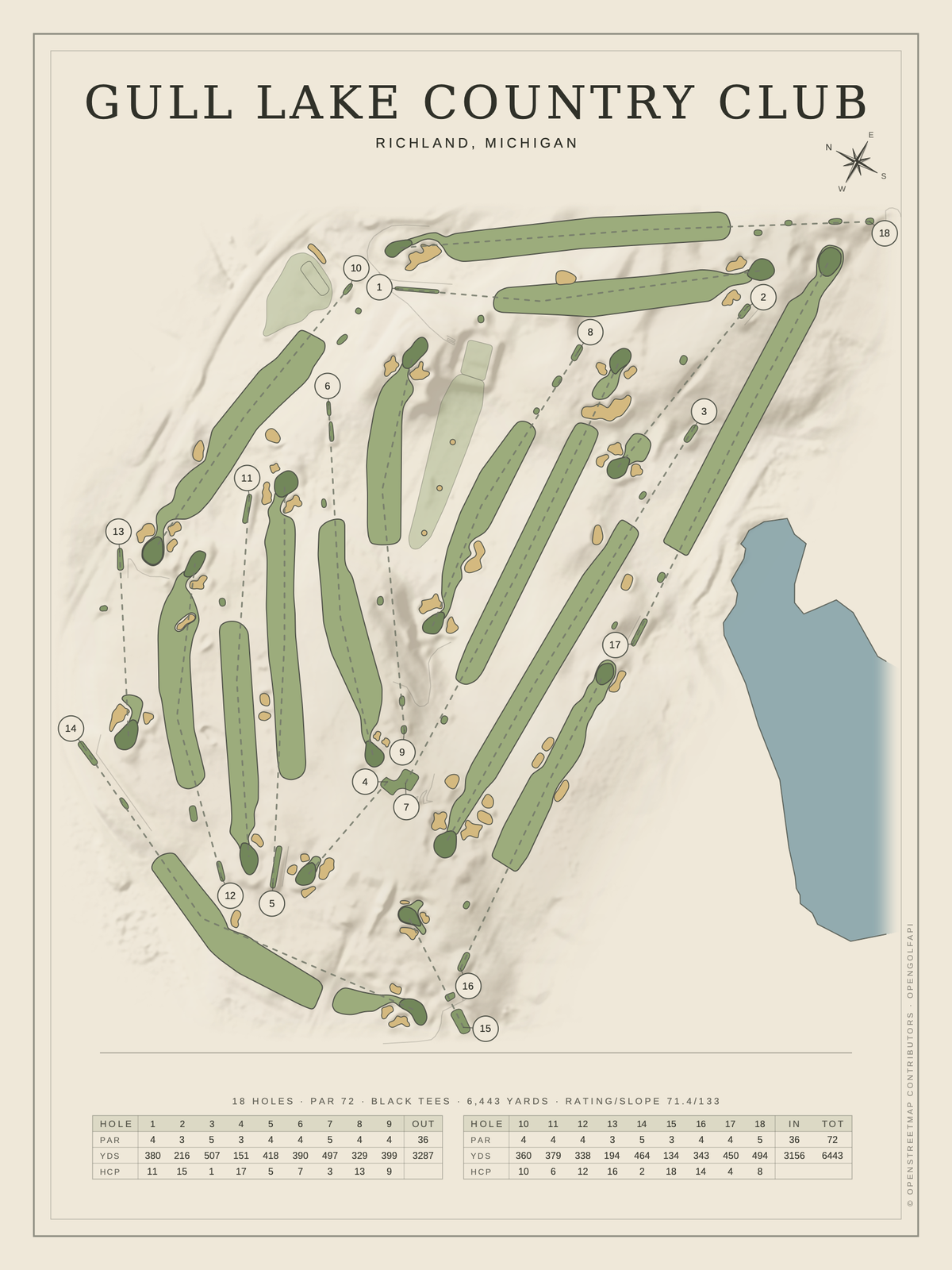 Gull Lake Country Club course map poster, Classic style, 12×16 / 18×24