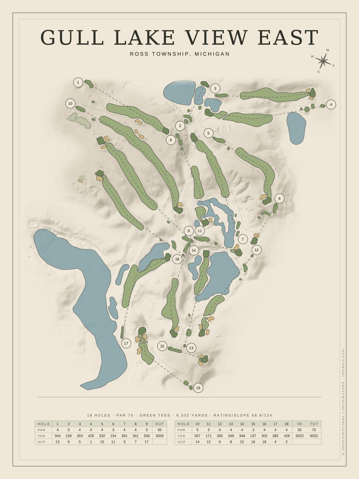 Gull Lake View East course map poster, Classic style, 12×16 / 18×24