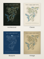 Gull Lake View East course map poster in four styles: Architectural, Classic, Blueprint and Vintage
