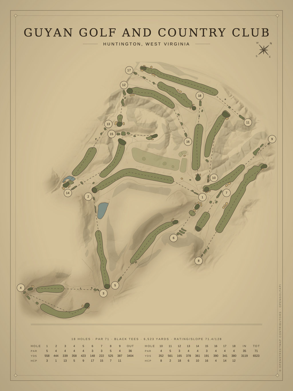 Guyan Golf and Country Club course map poster, Vintage style, 12×16 / 18×24