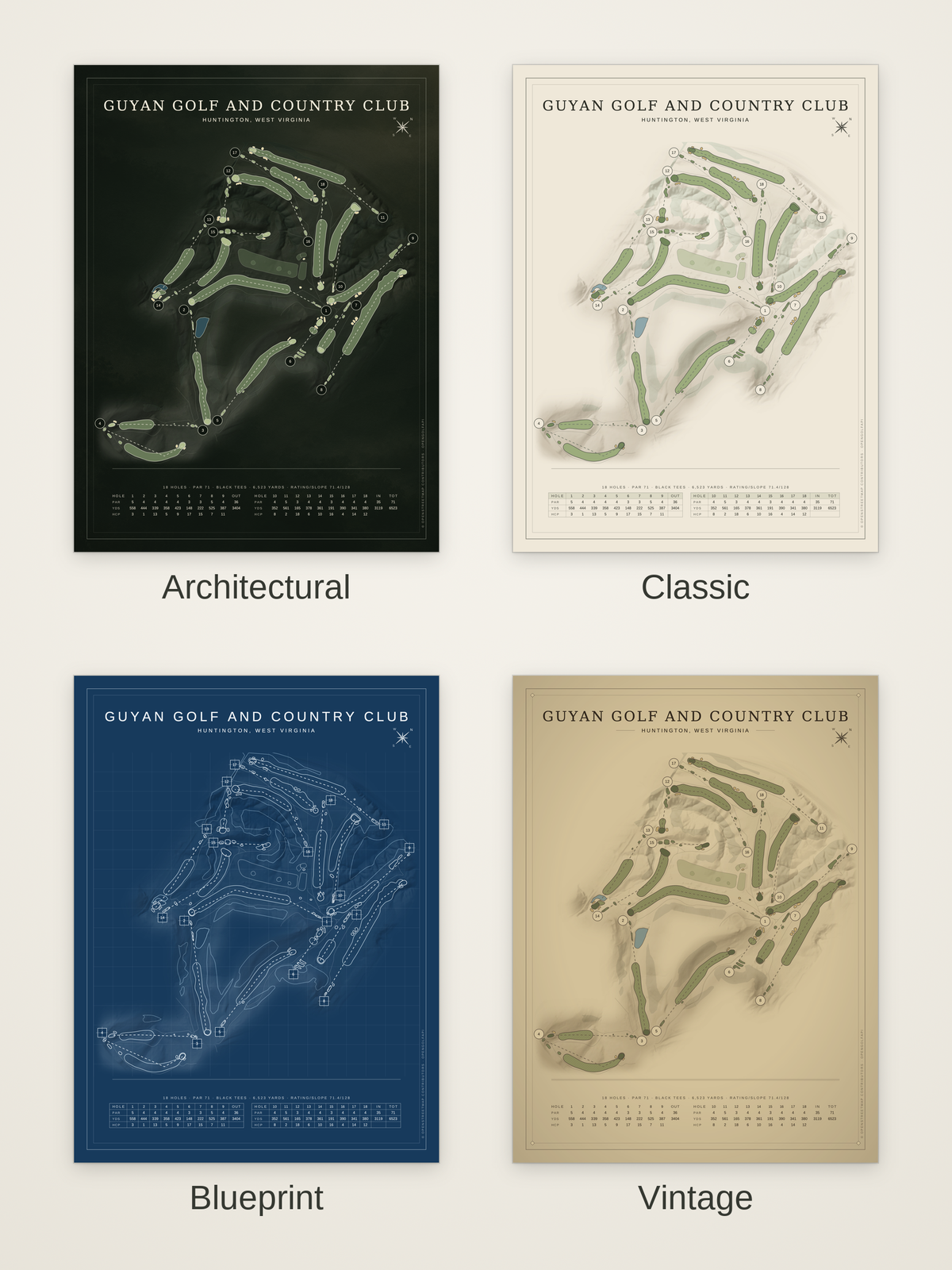 Guyan Golf and Country Club course map poster in four styles: Architectural, Classic, Blueprint and Vintage