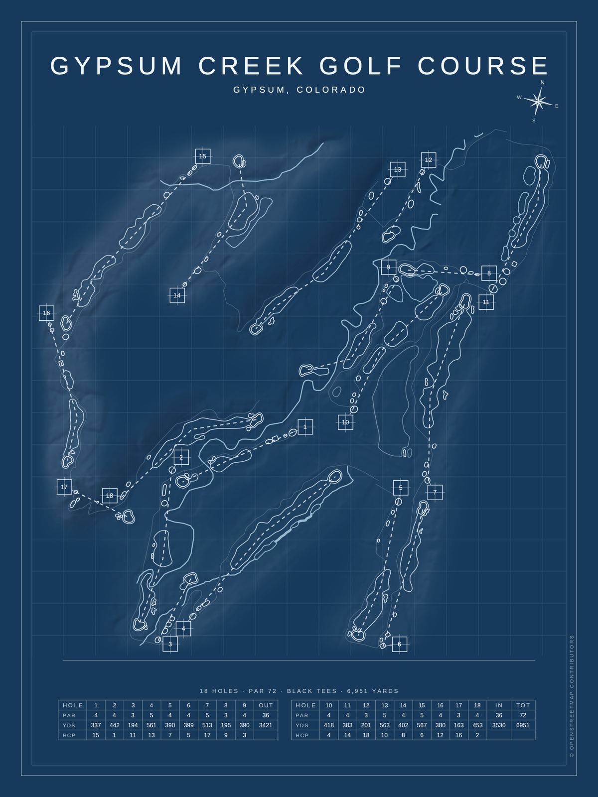 Gypsum Creek Golf Course map poster, Blueprint style, 12×16 / 18×24