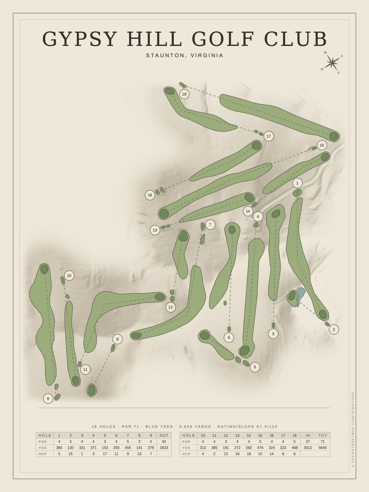 Gypsy Hill Golf Club course map poster, Classic style, 12×16 / 18×24