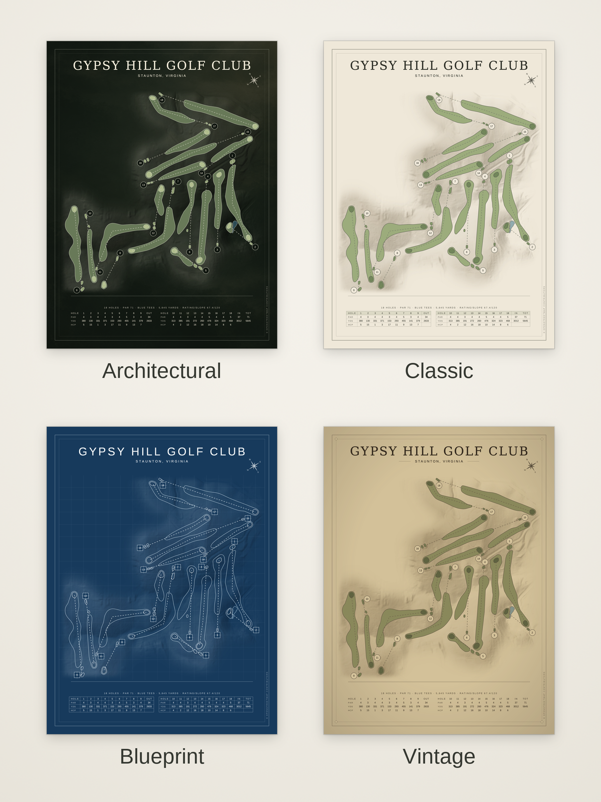Gypsy Hill Golf Club course map poster in four styles: Architectural, Classic, Blueprint and Vintage