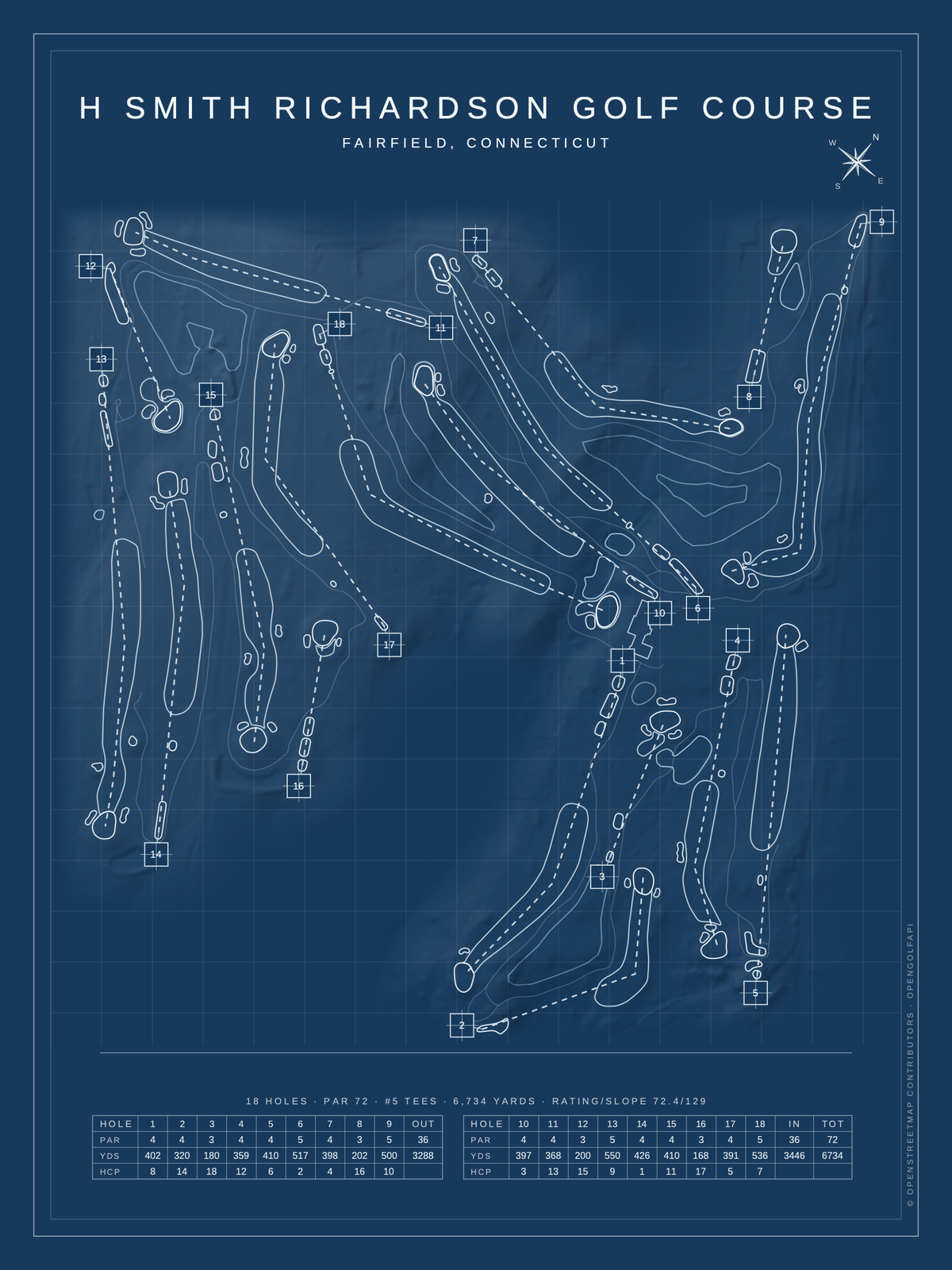 H Smith Richardson Golf Course map poster, Blueprint style, 12×16 / 18×24